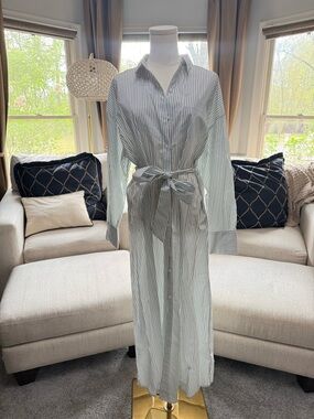 Express White and Light Gray Striped Maxi Shirt Dress